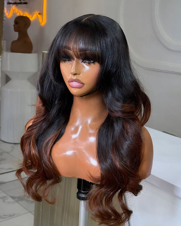 Copper Brown Wavy Bangs 5x5 Lace Closure Wig