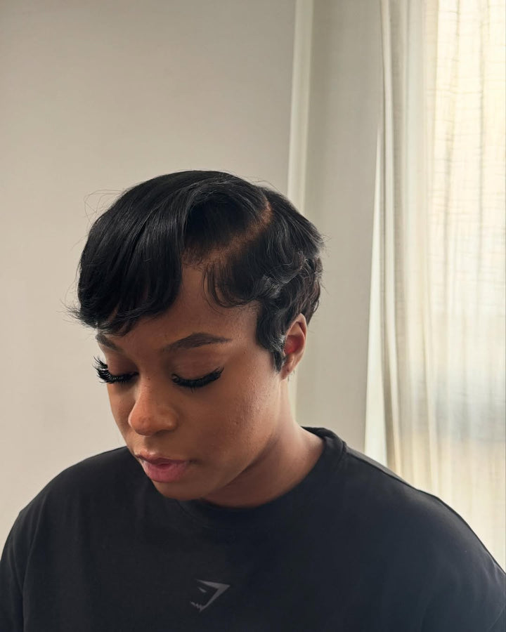 Full Lace Glueless Natural Black Pixie Cut Wig With Bangs