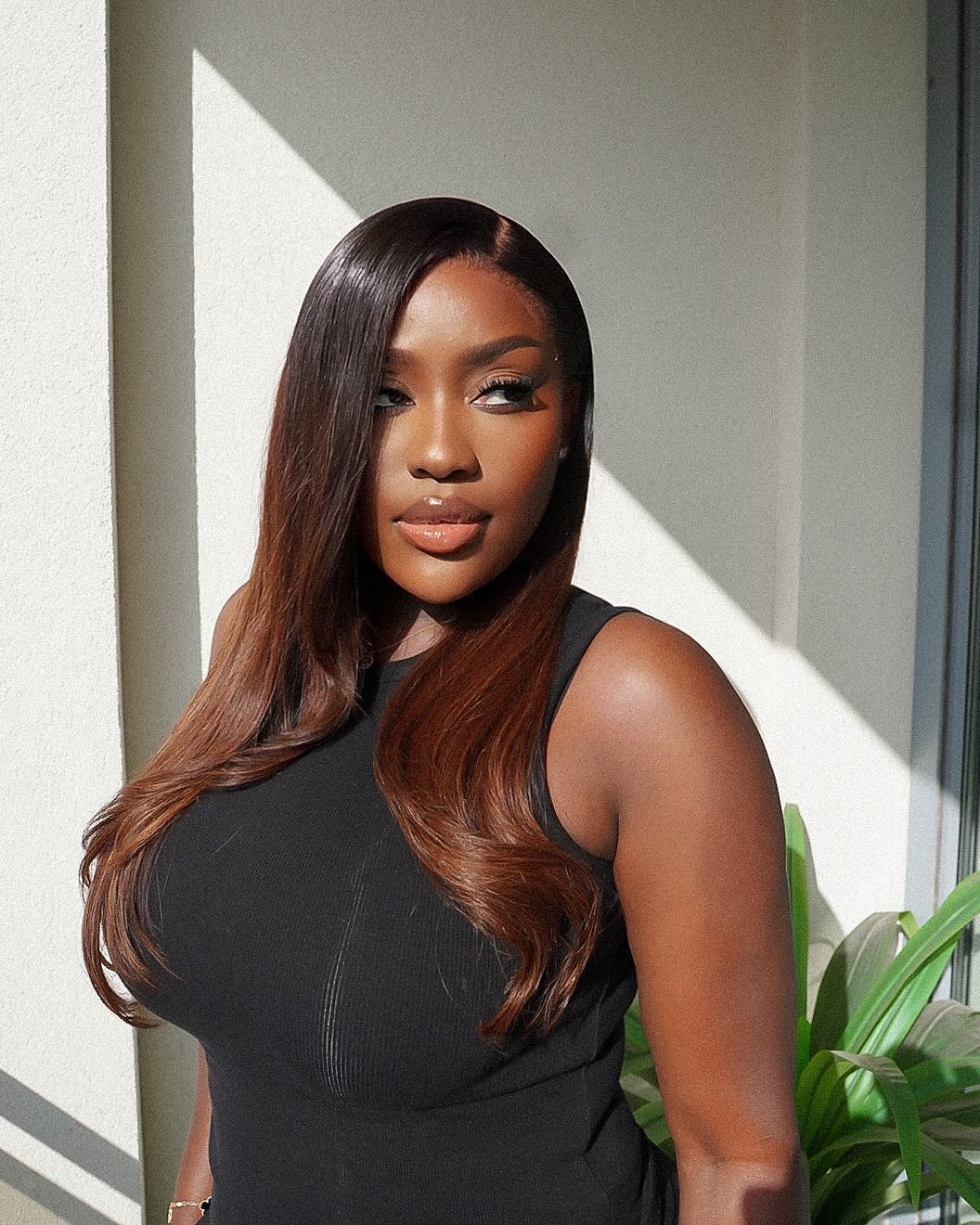 Side Part Layered Wavy Black Hair Ombre Chestnut Brown Lace Front Wig
