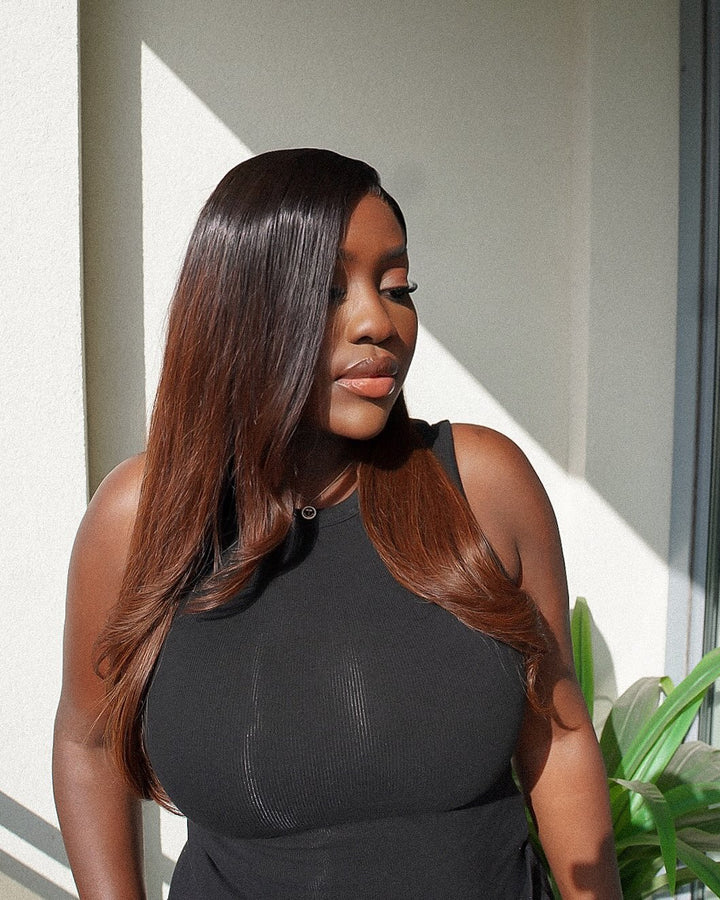 Side Part Layered Wavy Black Hair Ombre Chestnut Brown Lace Front Wig