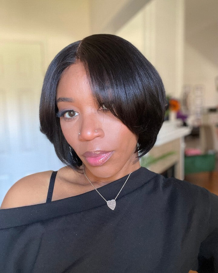 Short Hair Yaki Bob With Curtain Bangs 5x5 Lace Closure Wig