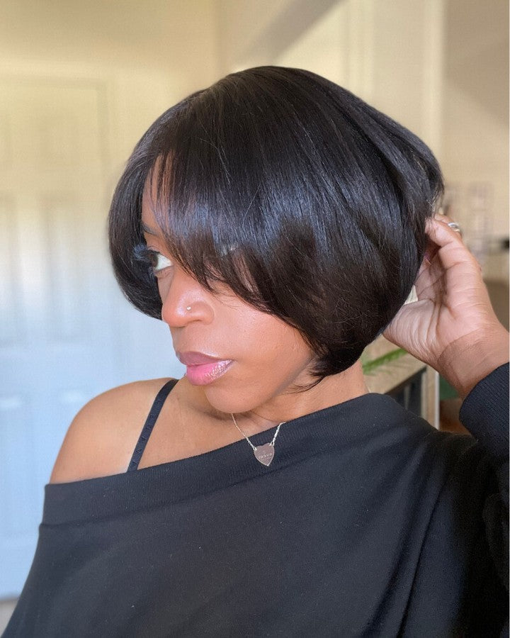 Short Hair Yaki Bob With Curtain Bangs 5x5 Lace Closure Wig