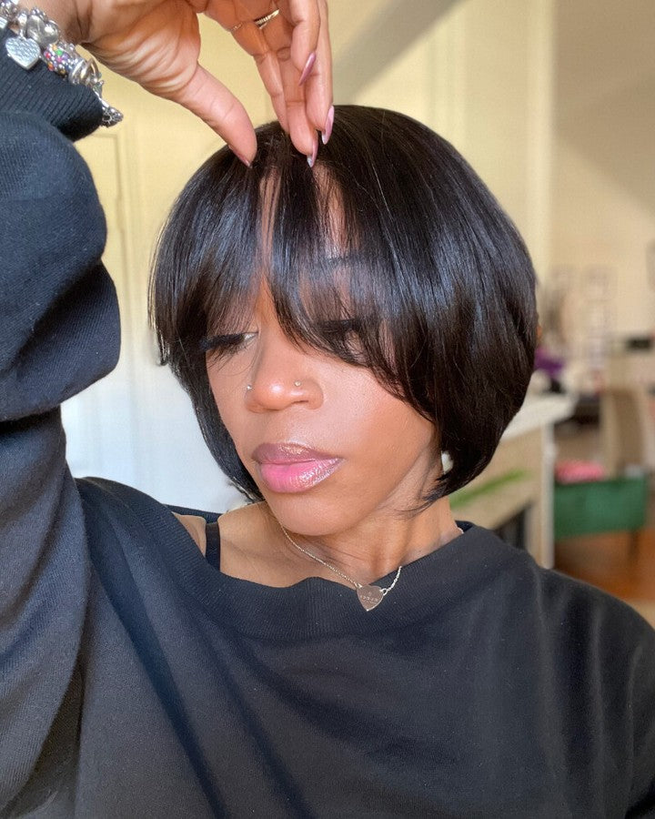 Short Hair Yaki Bob With Curtain Bangs 5x5 Lace Closure Wig
