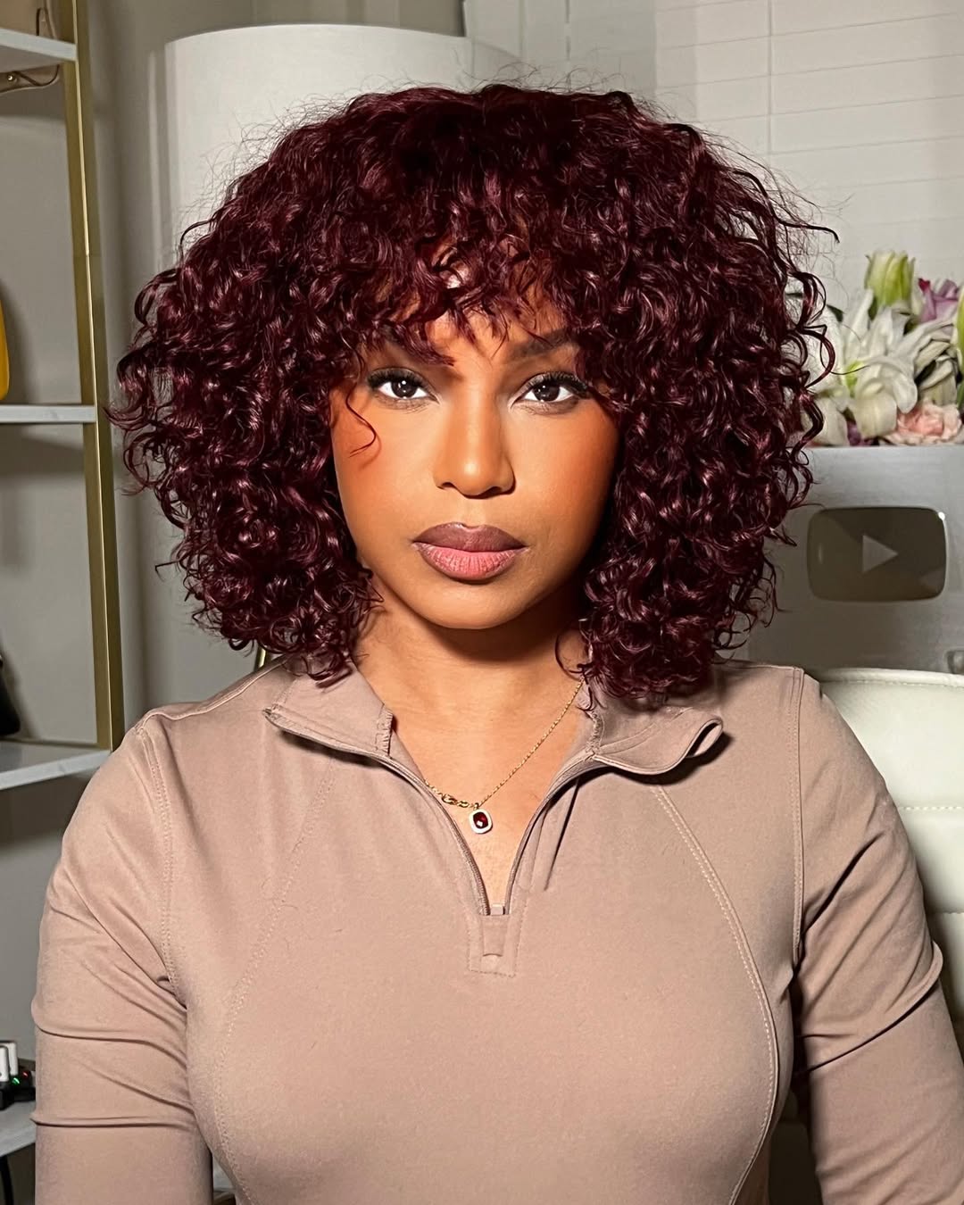 Beginner Friendly Glueless Burgundy Curly Bangs Wig