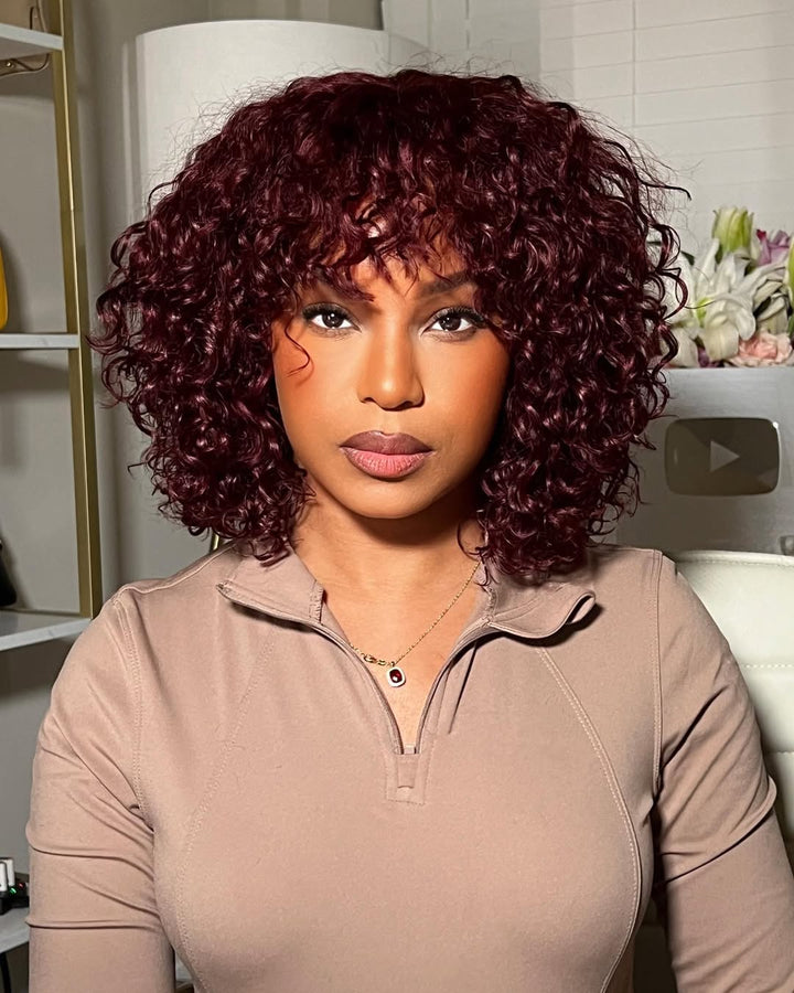 Beginner Friendly Glueless Burgundy Curly Bangs Wig