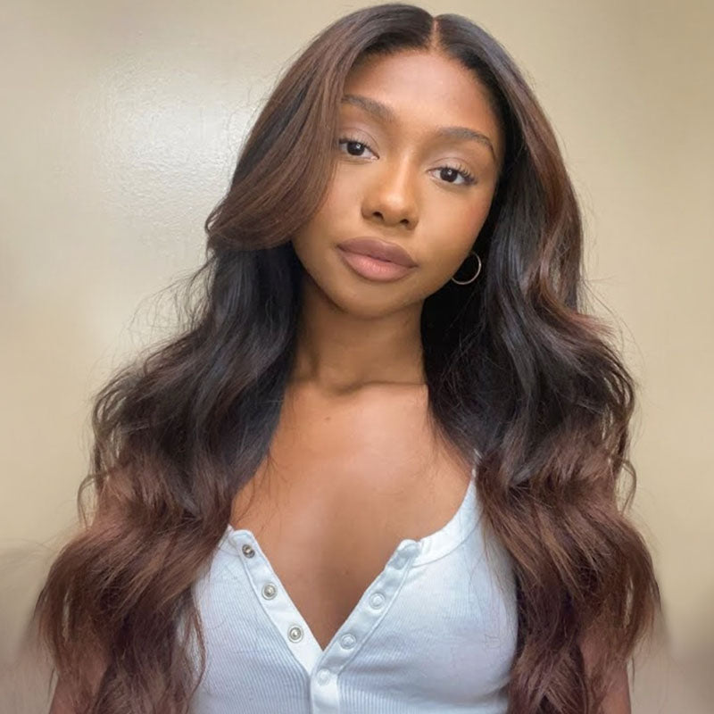 Layered Curtain Bangs With Rich Honey Brown Ombre Lace Frontal Wig