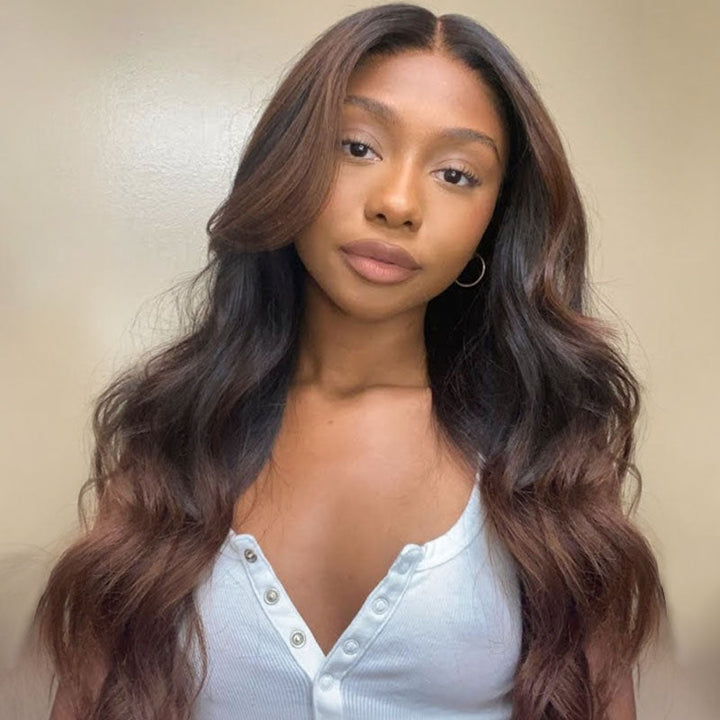 Layered Curtain Bangs With Rich Honey Brown Ombre Lace Frontal Wig