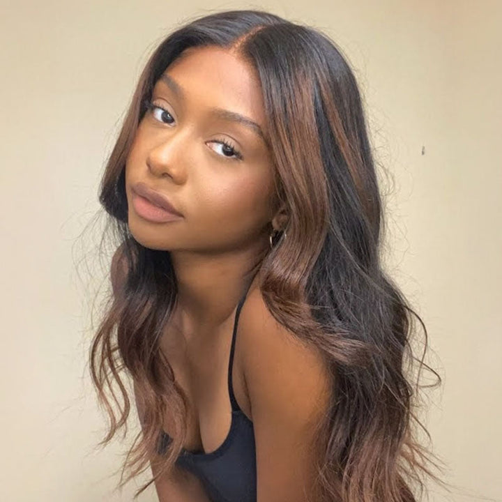 Layered Curtain Bangs With Rich Honey Brown Ombre Lace Frontal Wig