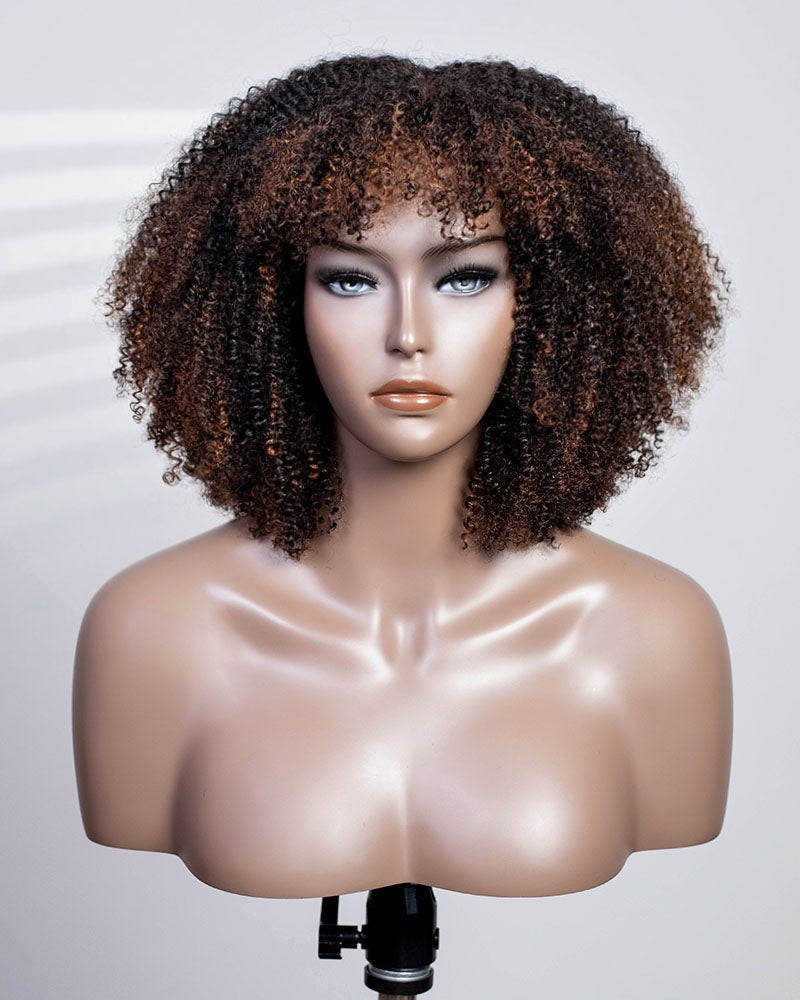 Coffee Brown Bangs Style Coily Curls Wig With Lace Parting