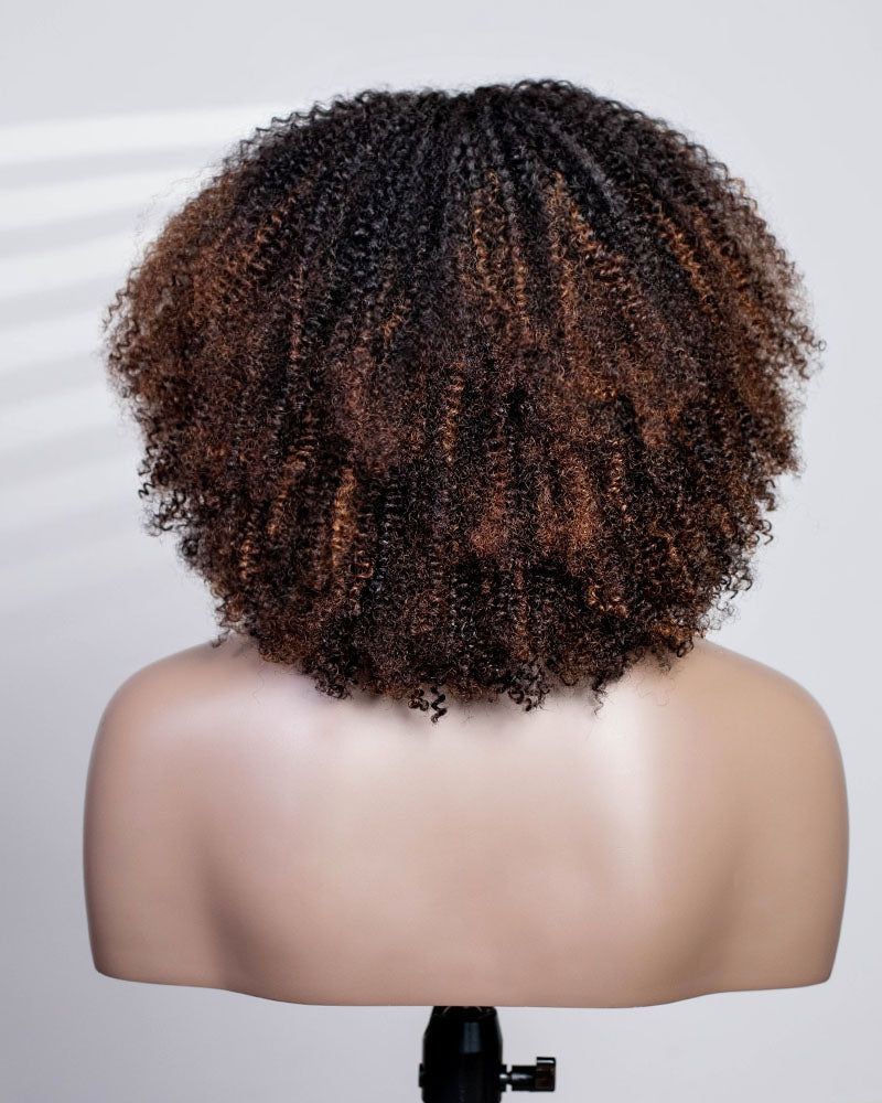 Coffee Brown Bangs Style Coily Curls Wig With Lace Parting