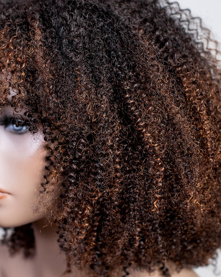 Coffee Brown Bangs Style Coily Curls Wig With Lace Parting