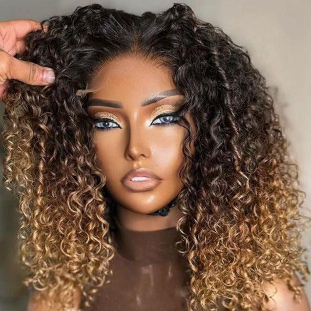 Middle Part Layered Ombre Brown Blonde With Kinky Curly Lace Front Wig