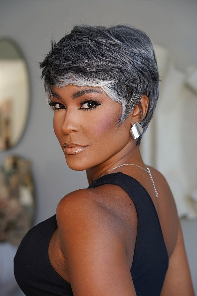 Short Salt and Pepper Grey Human Hair Pixie Cut Bob Bangs Wig