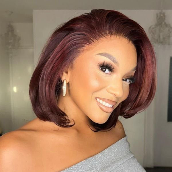 Burgundy Side Part Bob Glueless Human Hair Invisible Lace Front Wig