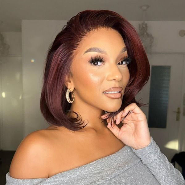 Burgundy Side Part Bob Glueless Human Hair Invisible Lace Front Wig