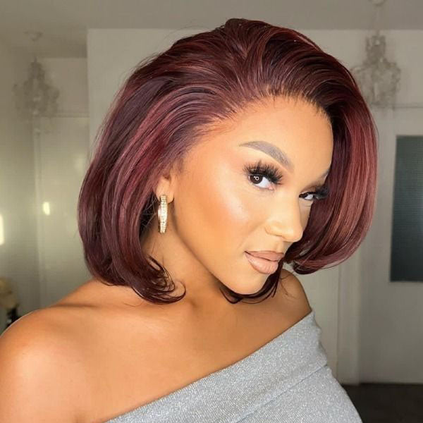 Burgundy Side Part Bob Glueless Human Hair Invisible Lace Front Wig