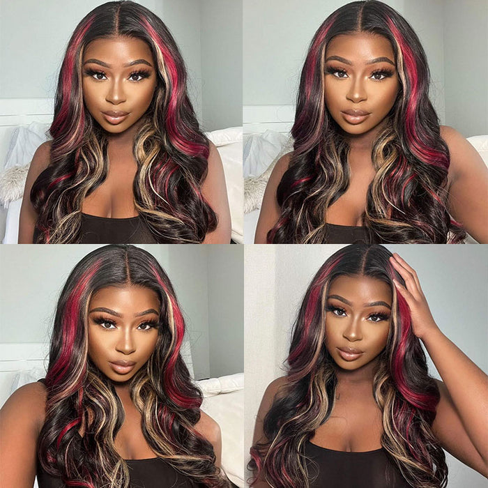 13x4 Lace Frontal Burgundy With Dark Golden Highlight Body Wavy Wig