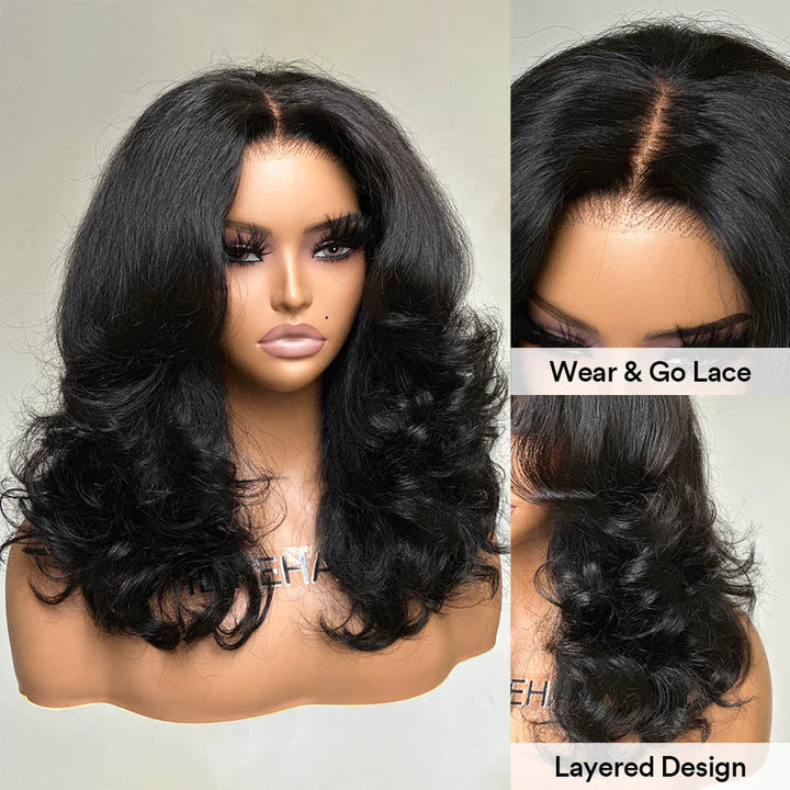 Wear & Go Layered Wavy With Curtain Bangs 4x4 Lace Closure Wig