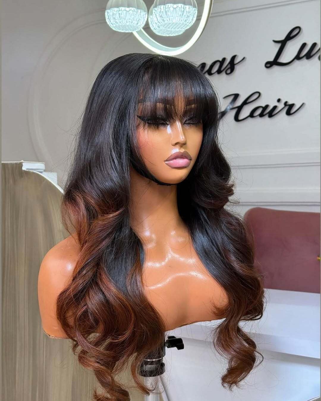Copper Brown Wavy Bangs 5x5 Lace Closure Wig