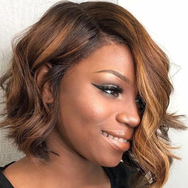 13x4 Lace Frontal Short Asymmetrical Wavy Bob Caramel Highlights Wig