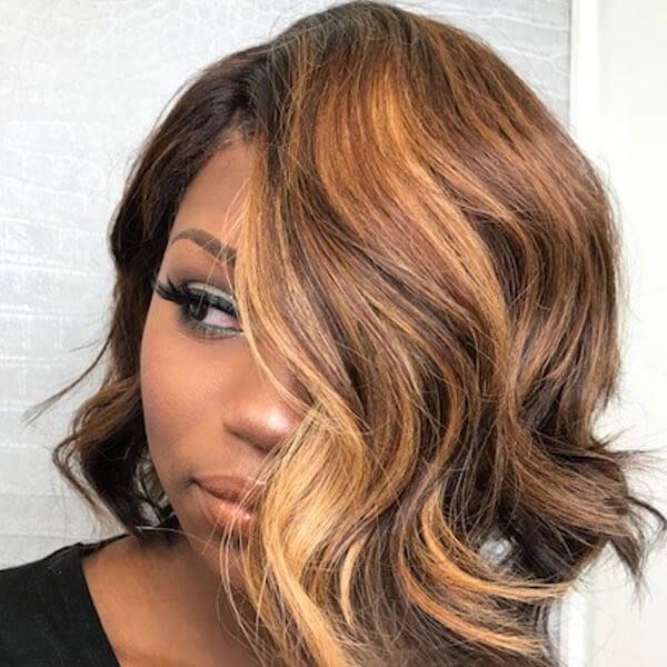 13x4 Lace Frontal Short Asymmetrical Wavy Bob Caramel Highlights Wig