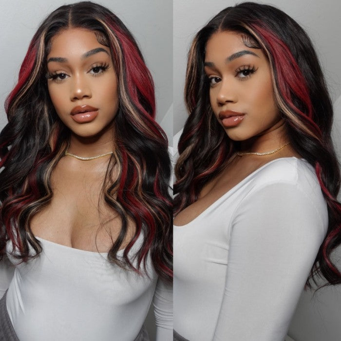 Burgundy With Blonde Highlights Body Wavy Wig