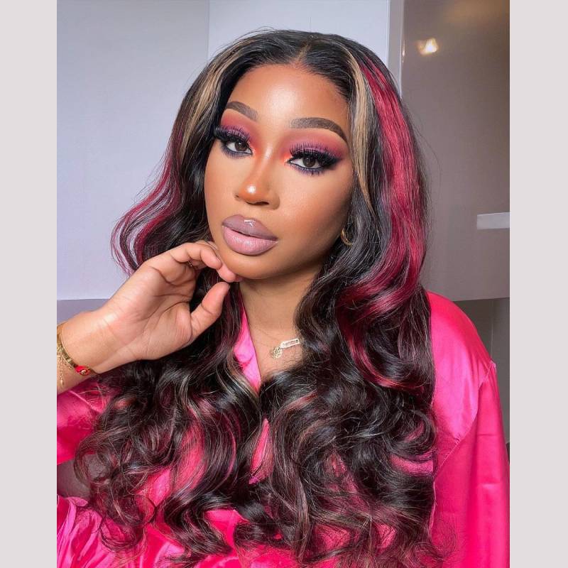 13x4 Lace Frontal Burgundy With Dark Golden Highlight Body Wavy Wig