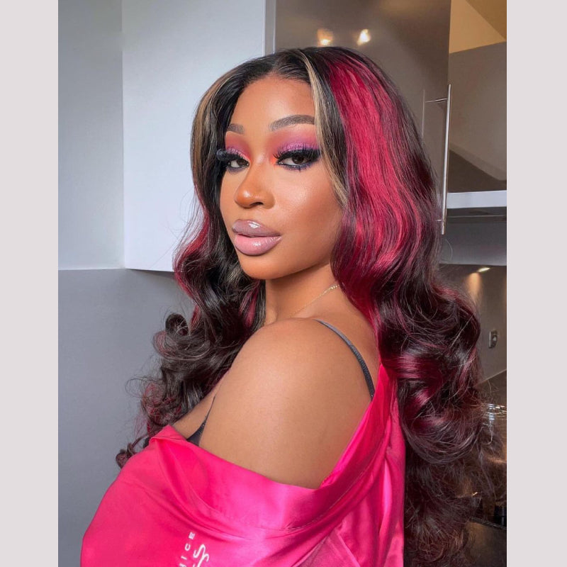 13x4 Lace Frontal Burgundy With Dark Golden Highlight Body Wavy Wig