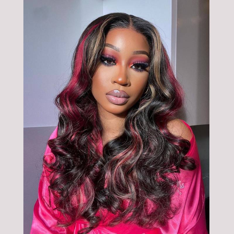 13x4 Lace Frontal Burgundy With Dark Golden Highlight Body Wavy Wig