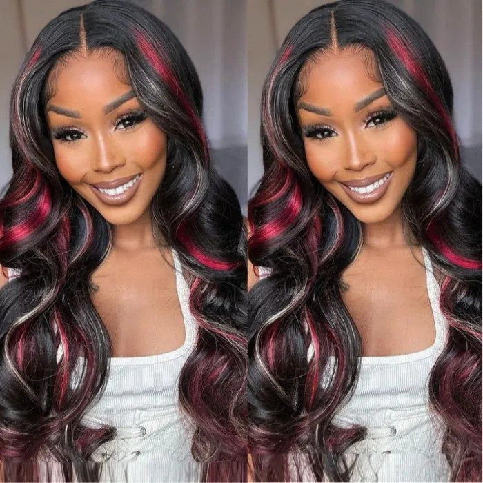 13x4 Lace Frontal Burgundy With Dark Golden Highlight Body Wavy Wig