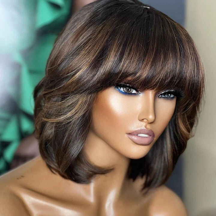 Bob with Bangs Honey Blonde with Brown Highlights Wig