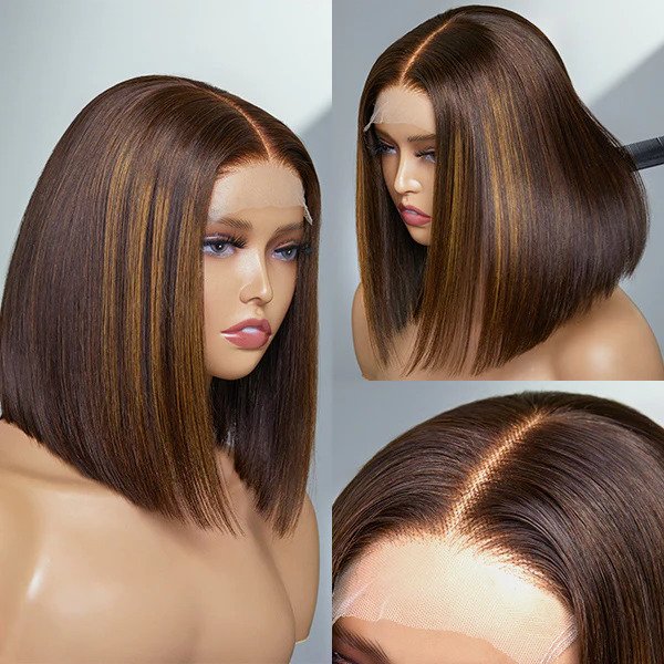 5x5 Lace Closure Chestnut Brown Highlights Straight Bob Wig